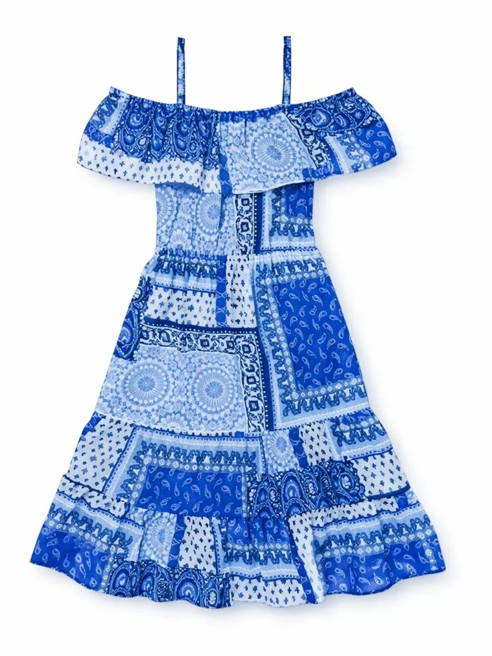 Girls Sleeveless Paisley Patchwork Print Off-Shoulder Dress and Matching Hair